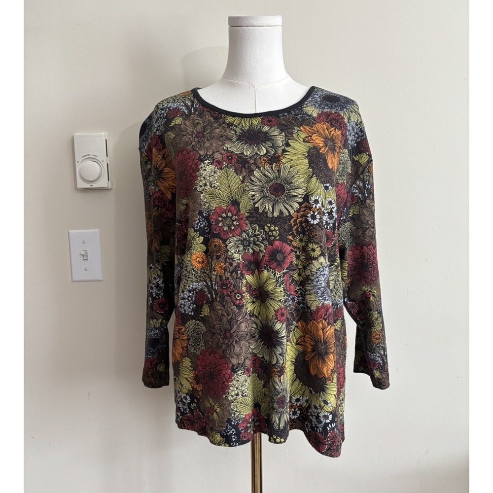 Vintage Morning Sun Womens XL Sunflower Floral Sweatshirt Top Black Orange Red